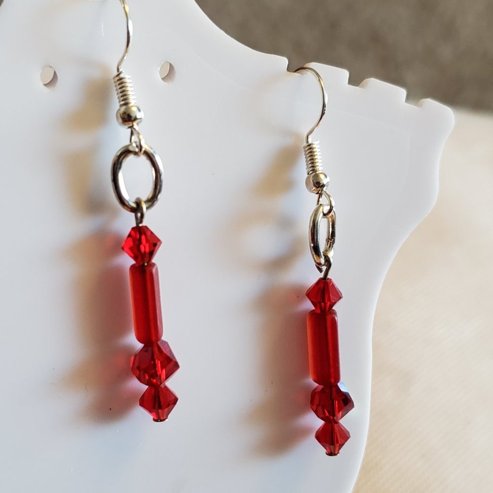 Silver Tone Hook Red Glass Bead Dangle Earrings